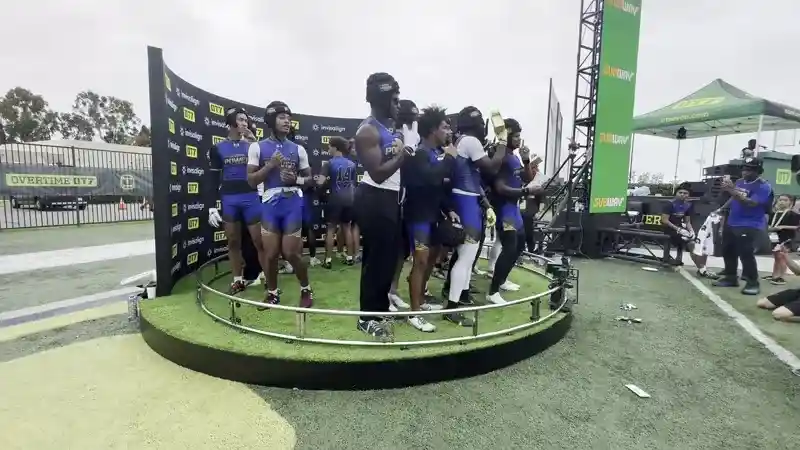 Group of athletes posing in 360 video booth at outdoor event