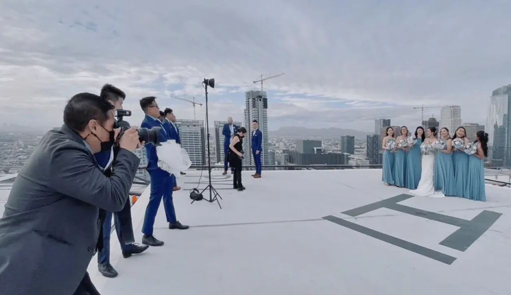 A wedding photoshoot on a rooftop with GC Event Studio.