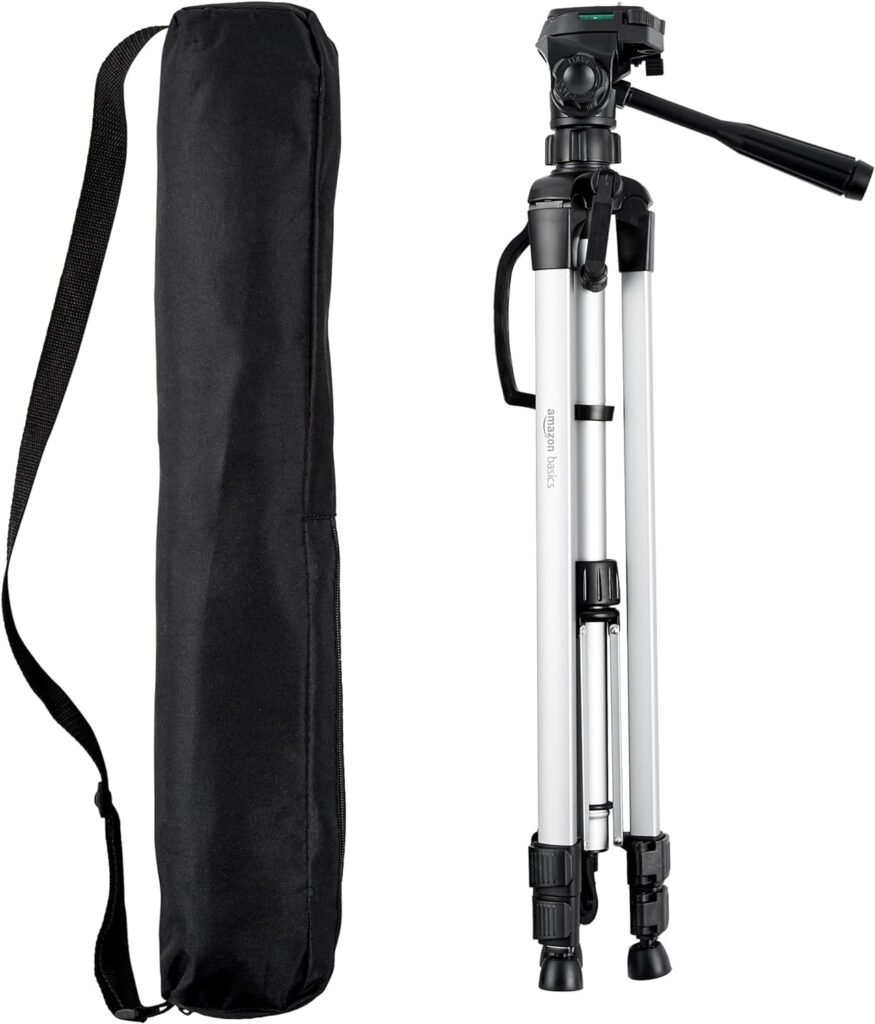 Lightweight tripod with adjustable height and carrying case, ideal for DIY photo booth setups.