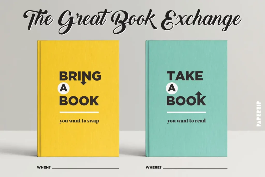 Yellow and teal books promoting 'The Great Book Exchange' event to swap and share books.