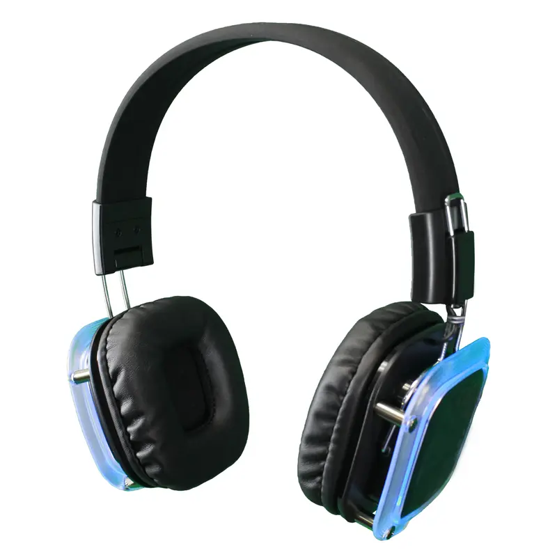 Black wireless headphones with blue LED lighting strips, standard silent disco equipment model