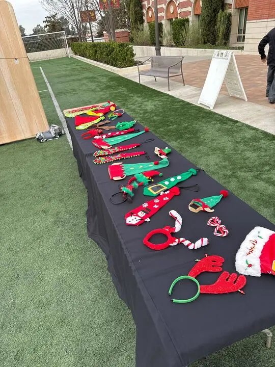 Holiday-themed photo booth props display on black table, including festive headbands and Christmas accessories