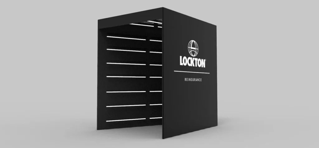 Minimalist black display stand with Lockton Insurance branding and geometric white line design