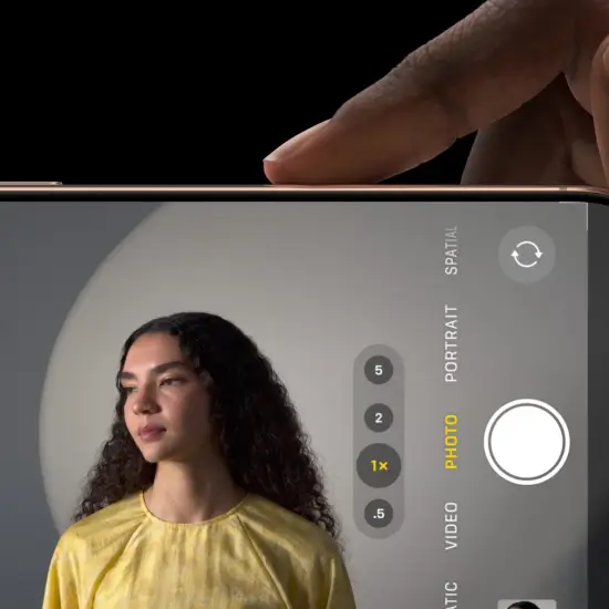 Smartphone portrait mode interface showing woman in yellow top