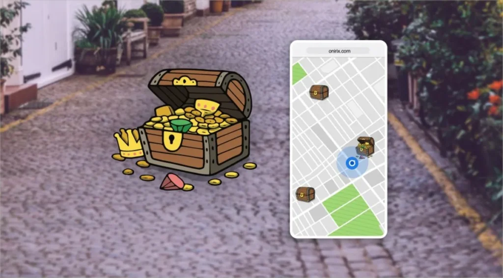 Augmented reality treasure hunt game showing a treasure chest and mobile app map, illustrating interactive tech entertainment for events