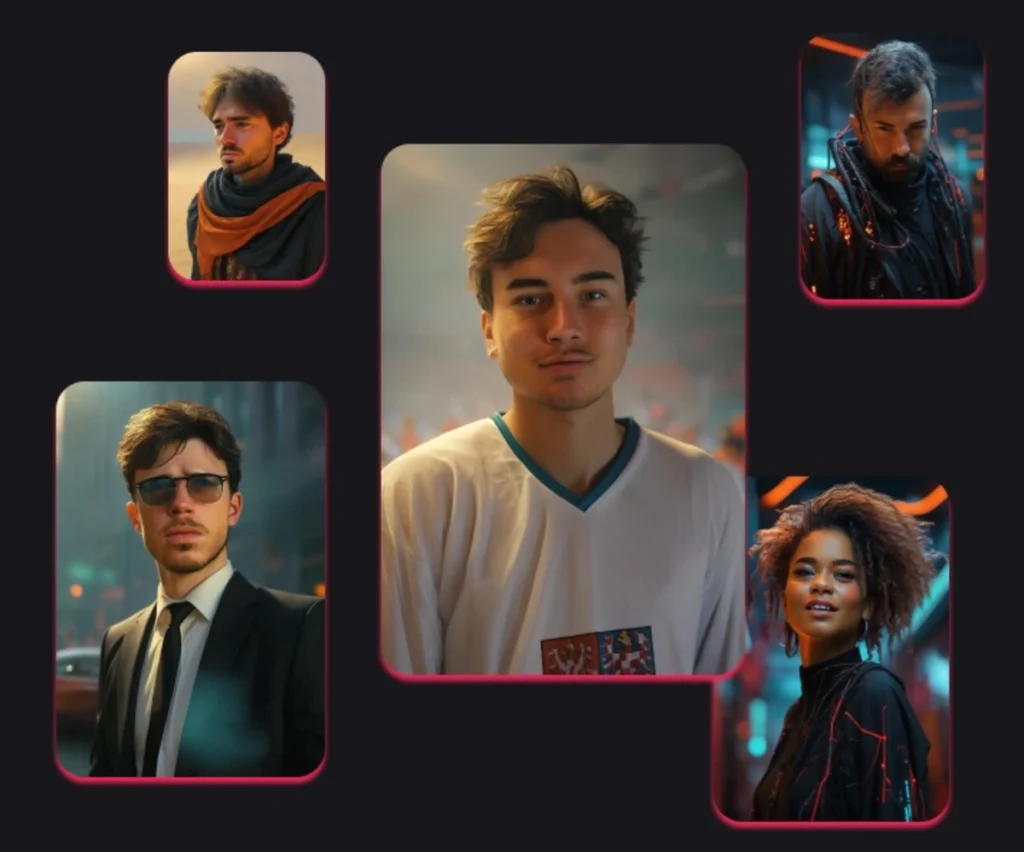 Collage of stylized portrait photos showing diverse models in different outfits and settings with dramatic lighting effects