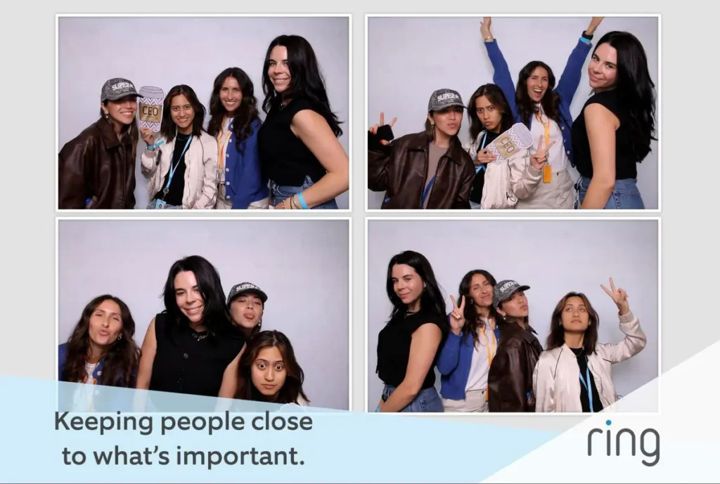 Four-panel Ring photo booth activation showing friends posing together with branded message 'Keeping people close to what's important