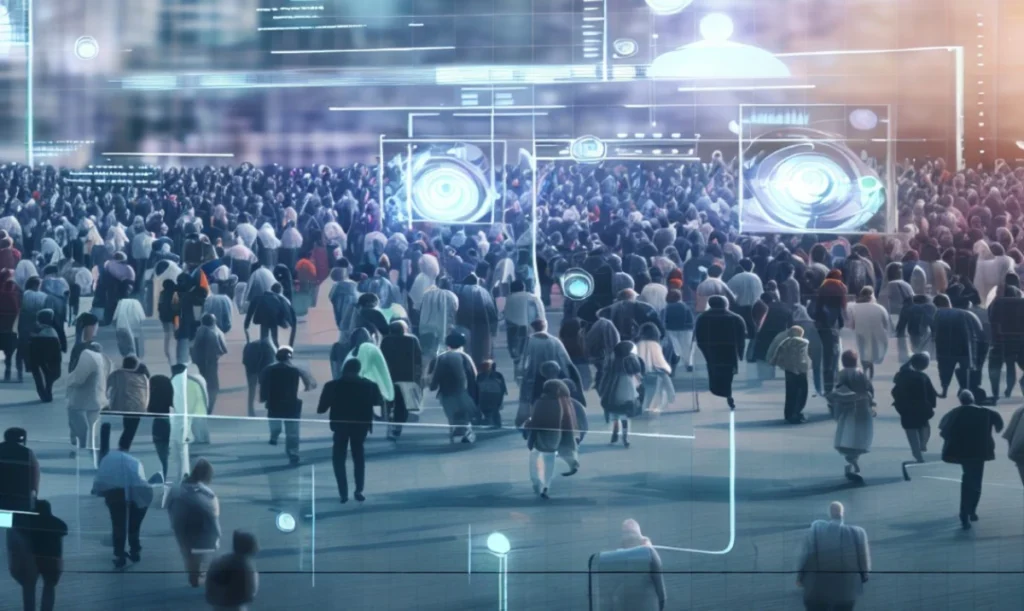 Futuristic crowd scene with digital overlays and data visualization screens, showing AI analyzing event attendees in real-time