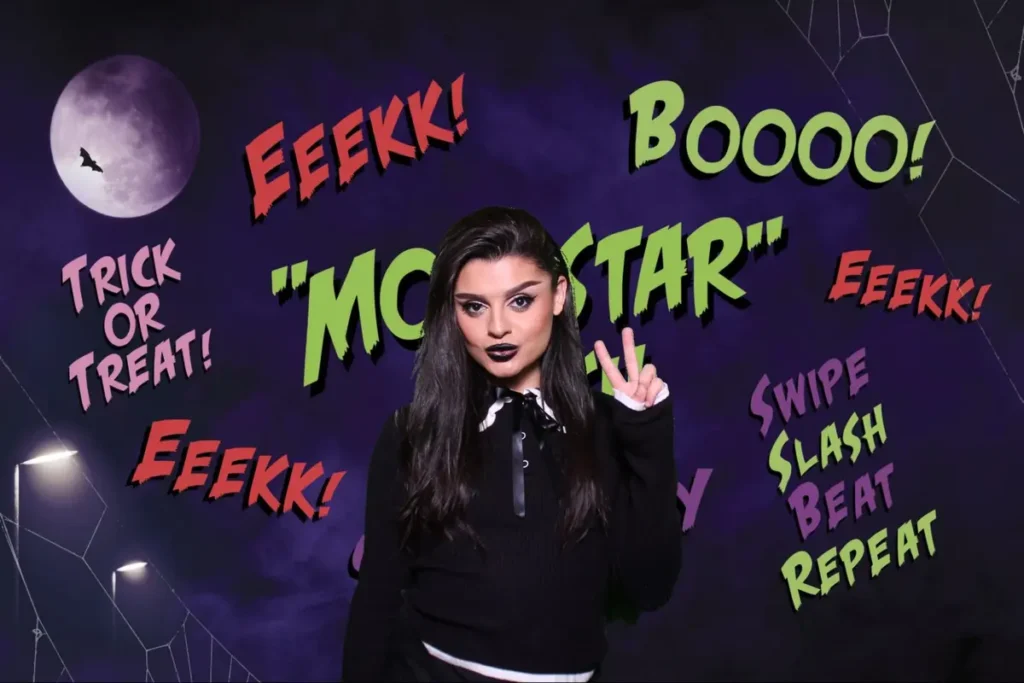 Halloween-themed AI photo activation with spooky text effects including 'Monster,' 'Boo,' and 'Trick or Treat' overlay graphics