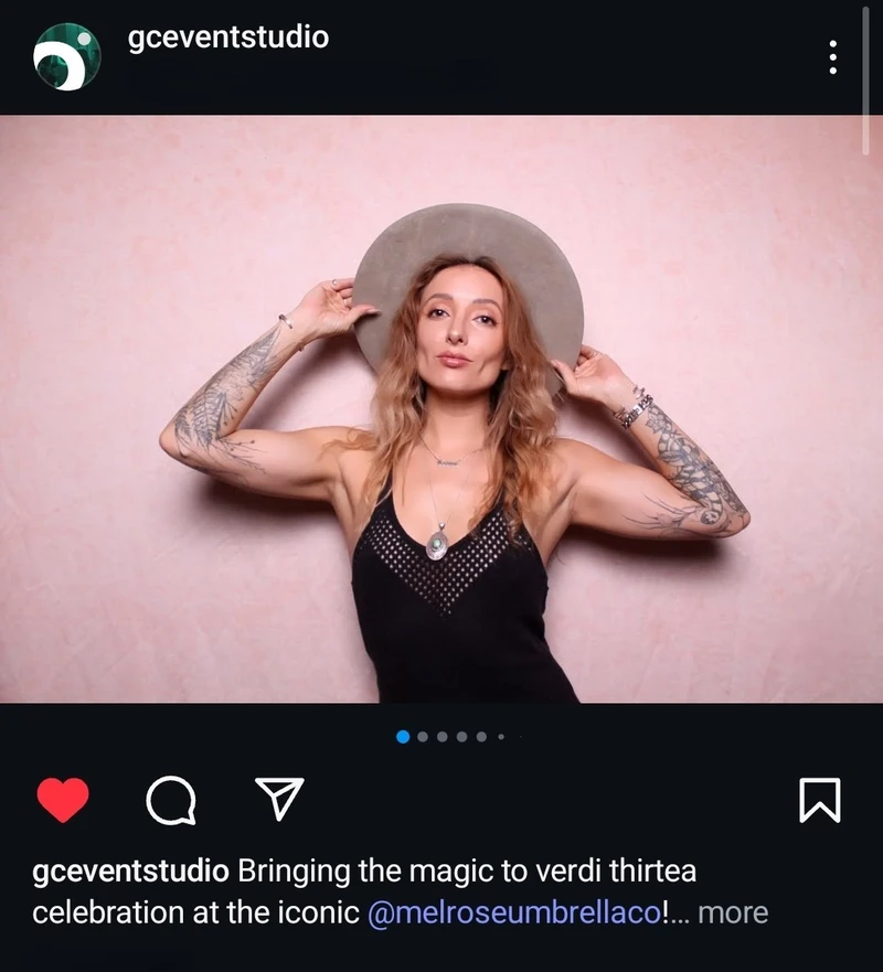 Instagram post from gceventstudio showing photo booth portrait of woman in hat against pink backdrop at Melrose Umbrella event