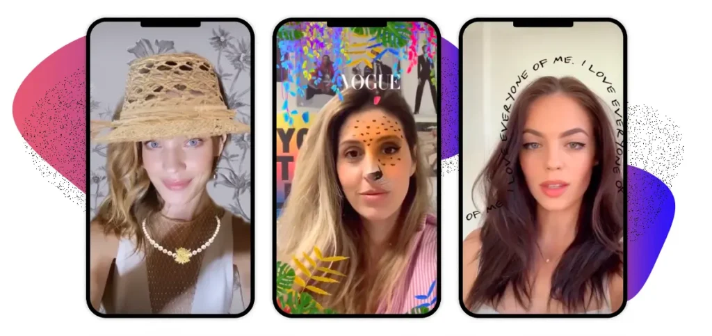 Three smartphone selfies with branded AR filters showing fashion accessories, VOGUE branding, and text overlay effects for social sharing