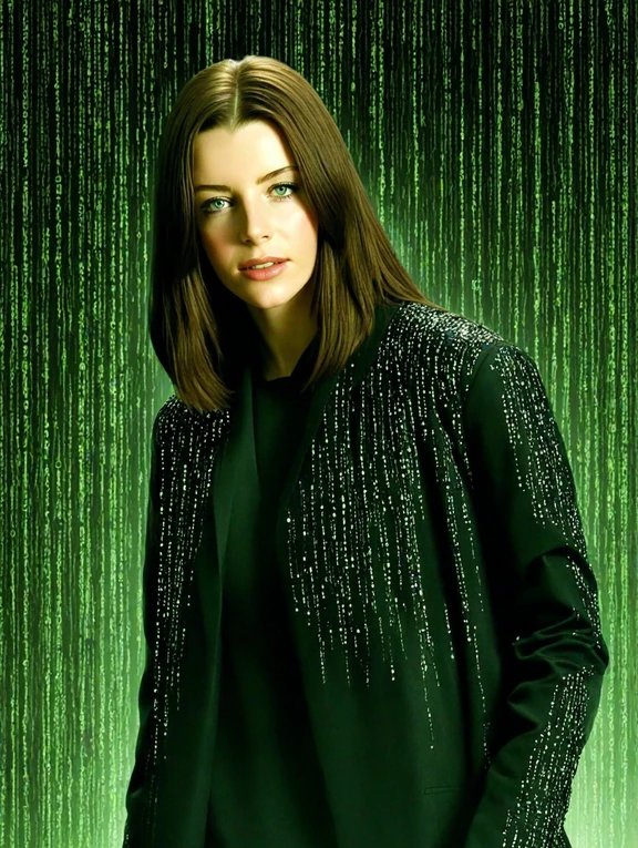 Woman portrait with digital matrix background, reminiscent of The Matrix movie, demonstrating AI visual effects for photo activations