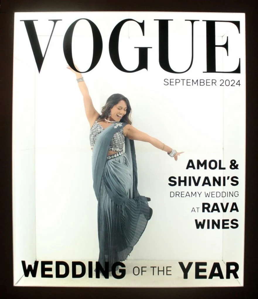 Custom Vogue magazine cover frame prop for Indian wedding photography featuring bride in traditional attire
