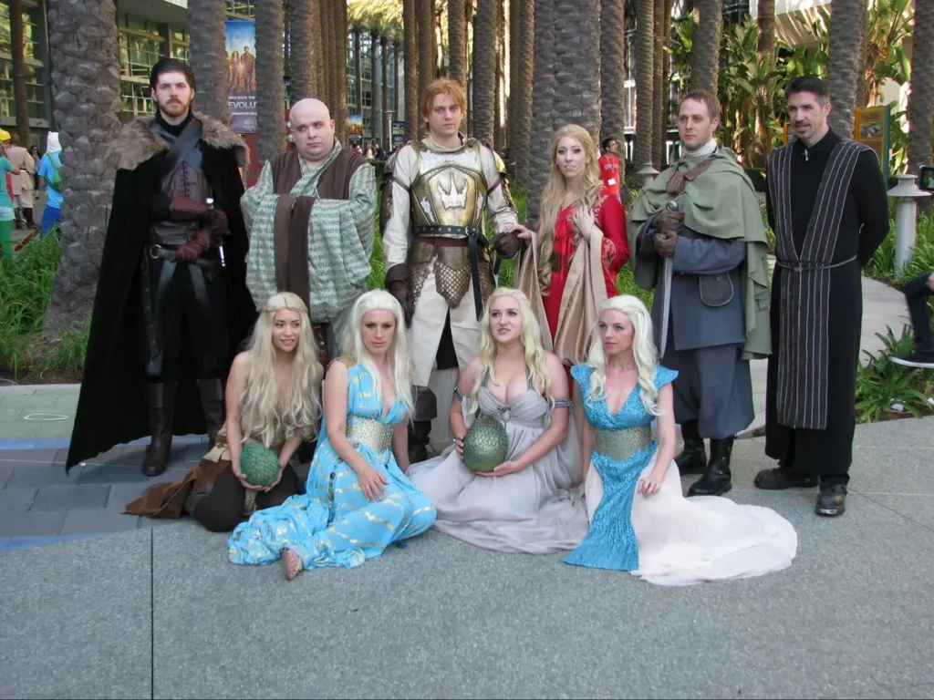 Fantasy cosplay group costume theme based on popular medieval television series with elaborate character outfits