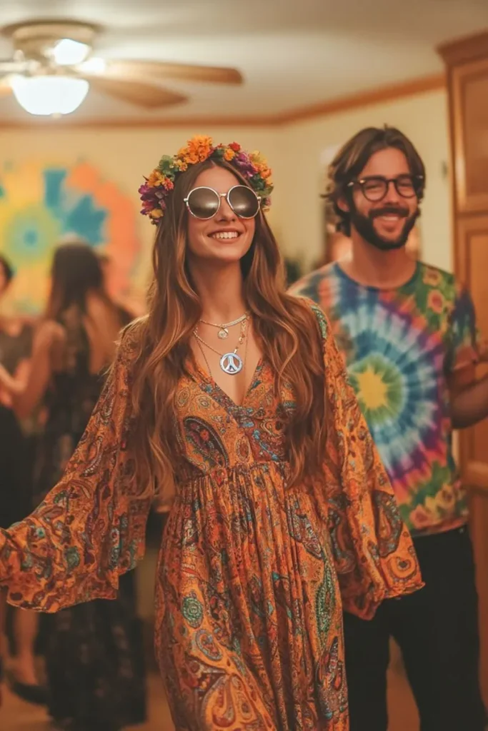 Person with flower crown and round sunglasses in bohemian outfit at 70s-inspired party with tie-dye decorations