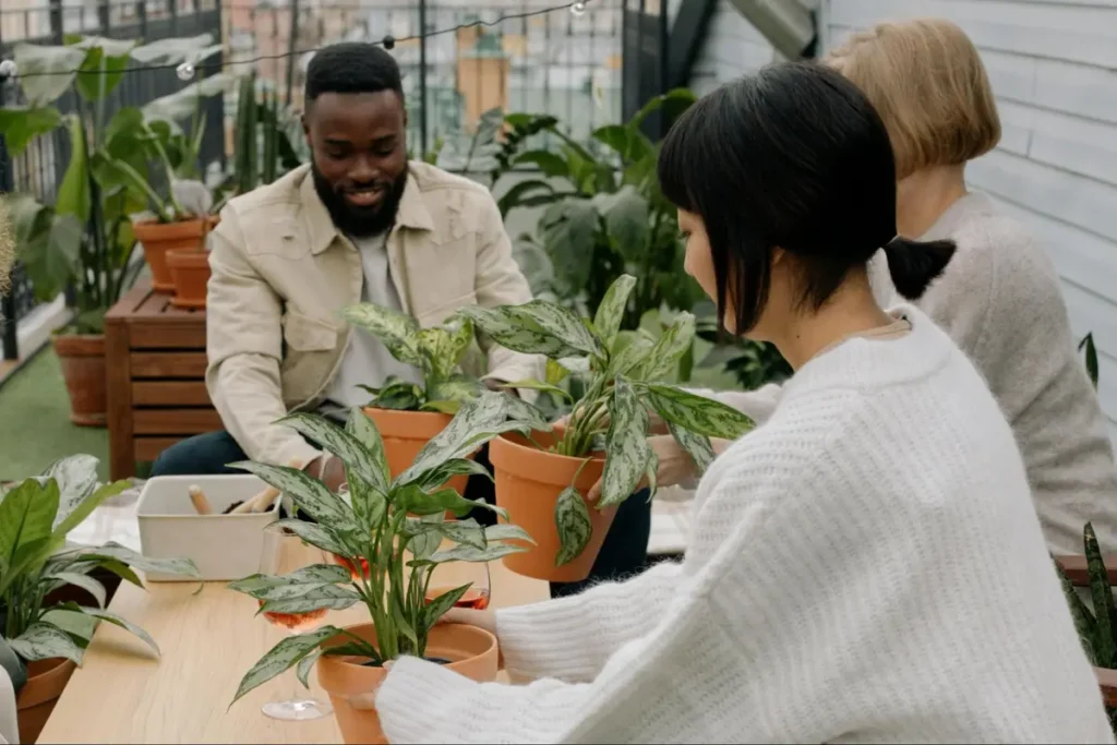 Plant workshop participants repotting houseplants in urban garden setting during a plant-themed community event