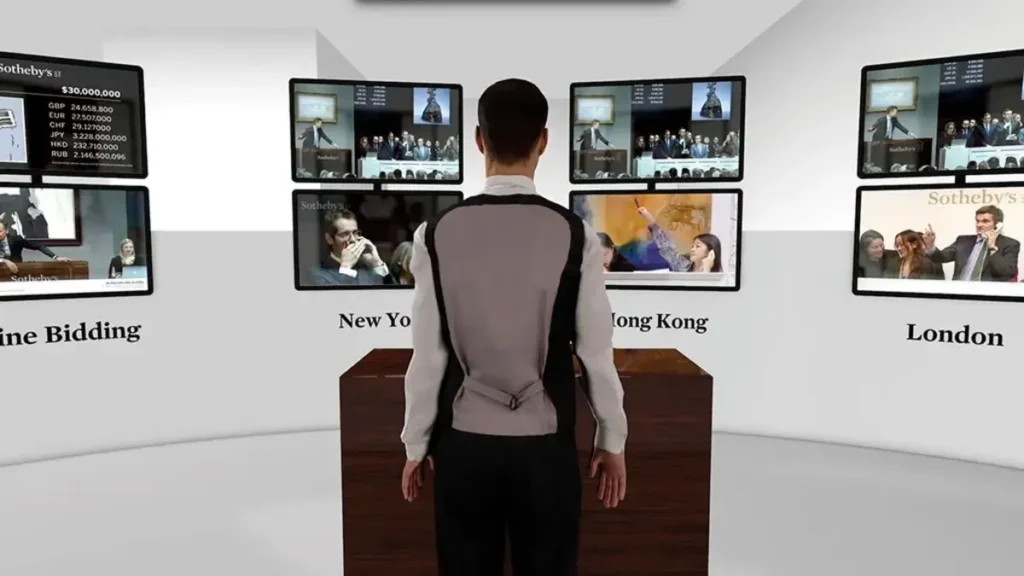 Staff member monitoring multiple screens at Sotheby's auction with global bidding stations, ideal for luxury event concepts