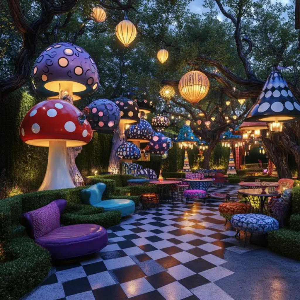 Whimsical garden party venue with giant mushroom decor, lanterns, and checkered flooring - Alice in Wonderland themed event