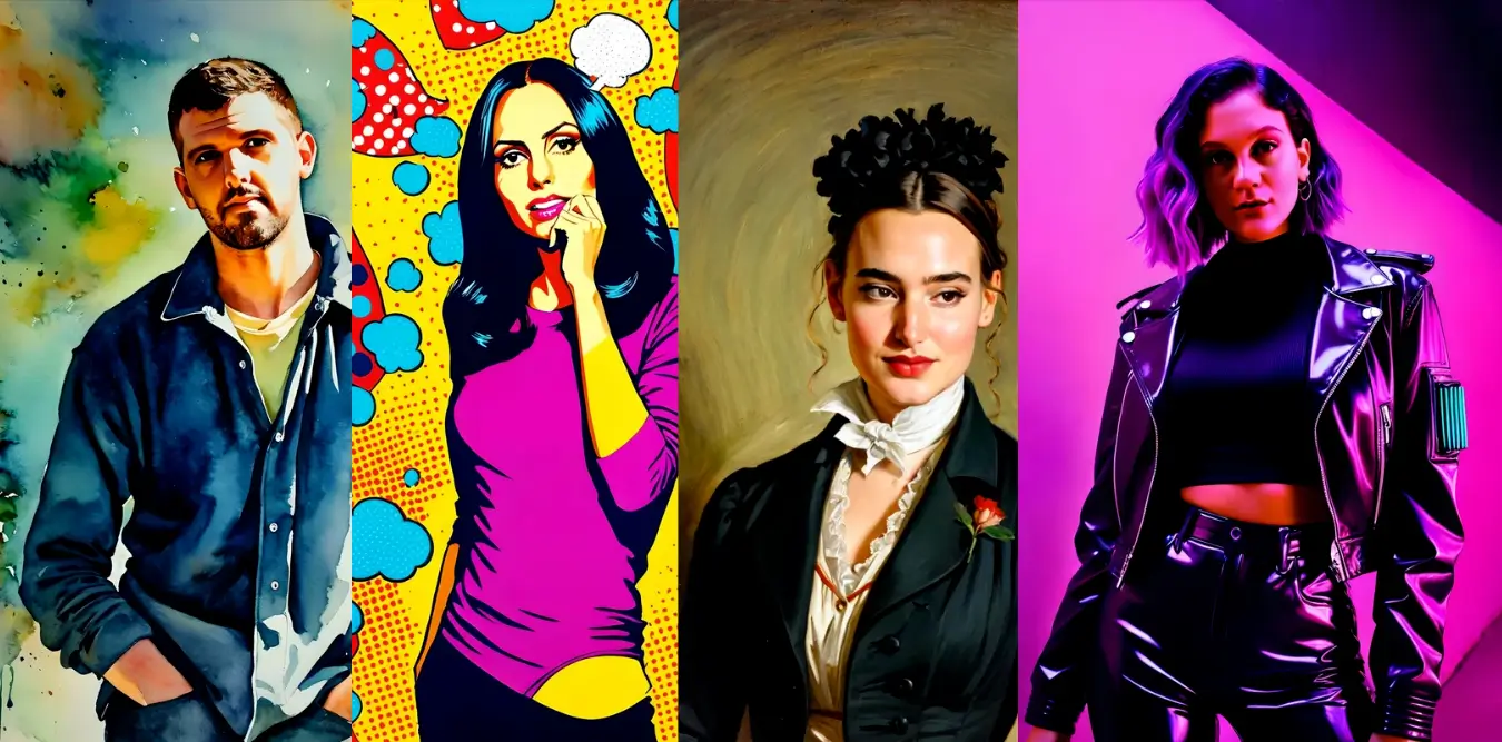 AI photo booth generating multiple portrait styles including pop art, cinematic, and editorial looks